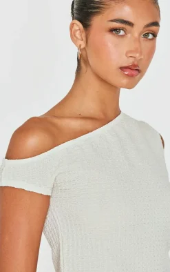 Beige Textured Asymmetric Off The Shoulder Top