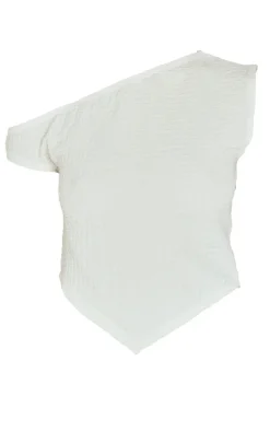 Beige Textured Asymmetric Off The Shoulder Top