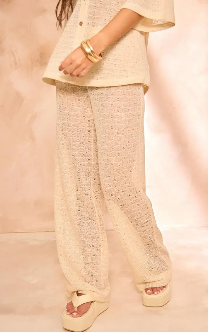 Beige Textured Wide Leg Pants