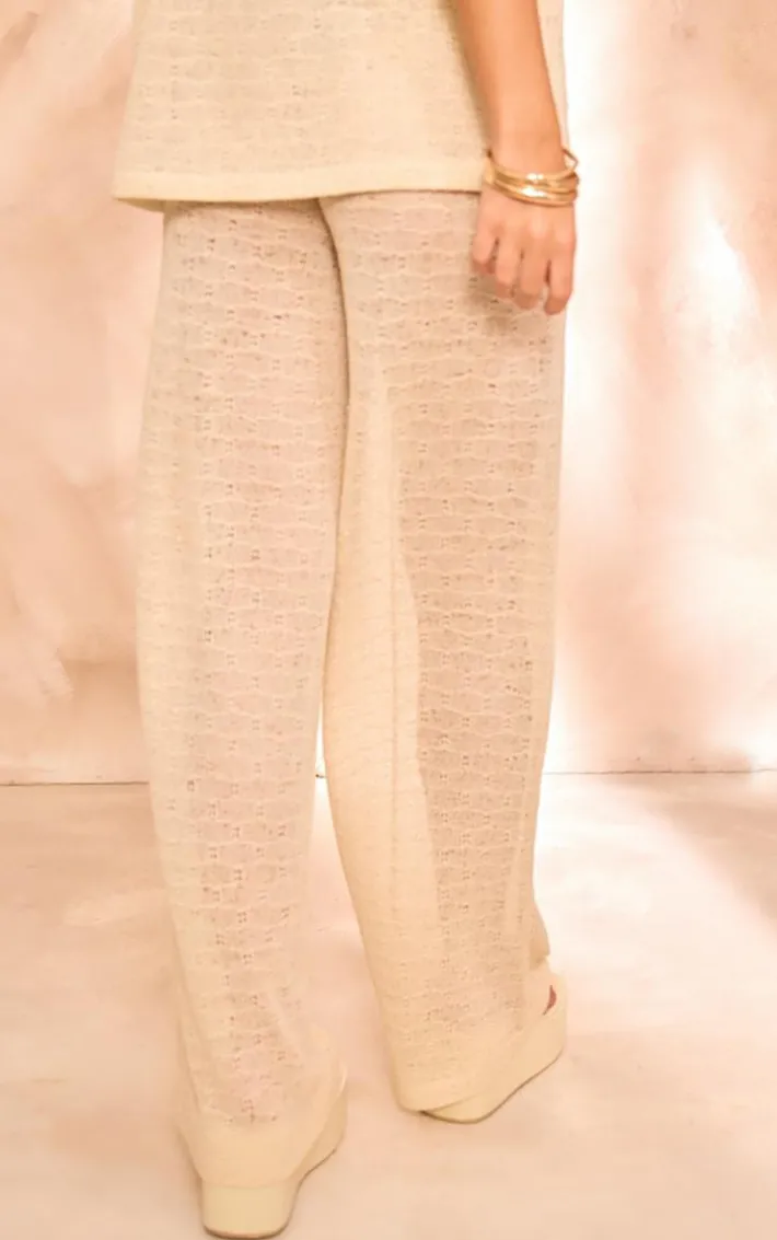 Beige Textured Wide Leg Pants