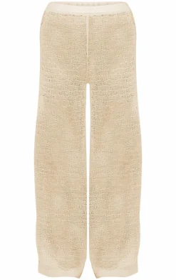 Beige Textured Wide Leg Pants