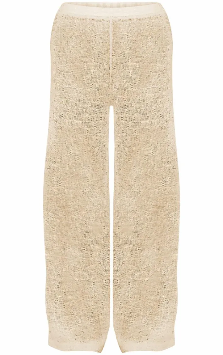 Beige Textured Wide Leg Pants