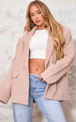 Beige Textured Wool Look Oversized Blazer
