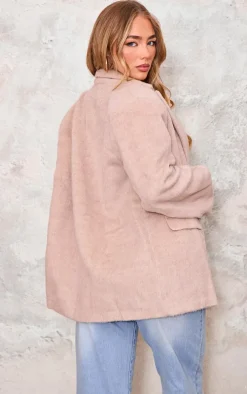 Beige Textured Wool Look Oversized Blazer