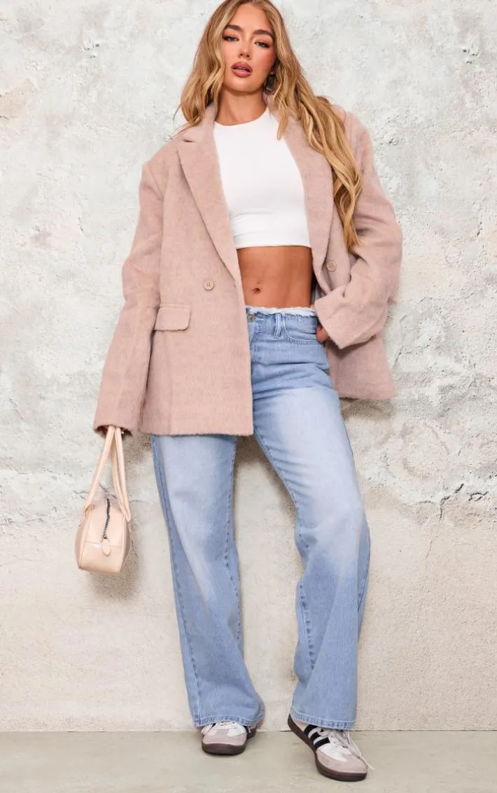 Beige Textured Wool Look Oversized Blazer