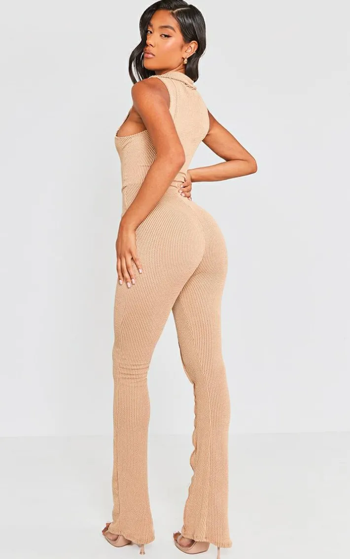 Beige Thick Rib Zip Front Collar Detail Jumpsuit