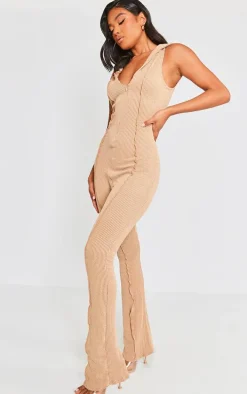 Beige Thick Rib Zip Front Collar Detail Jumpsuit