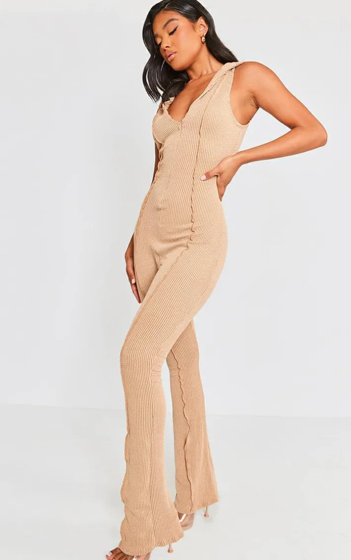Beige Thick Rib Zip Front Collar Detail Jumpsuit