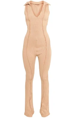 Beige Thick Rib Zip Front Collar Detail Jumpsuit