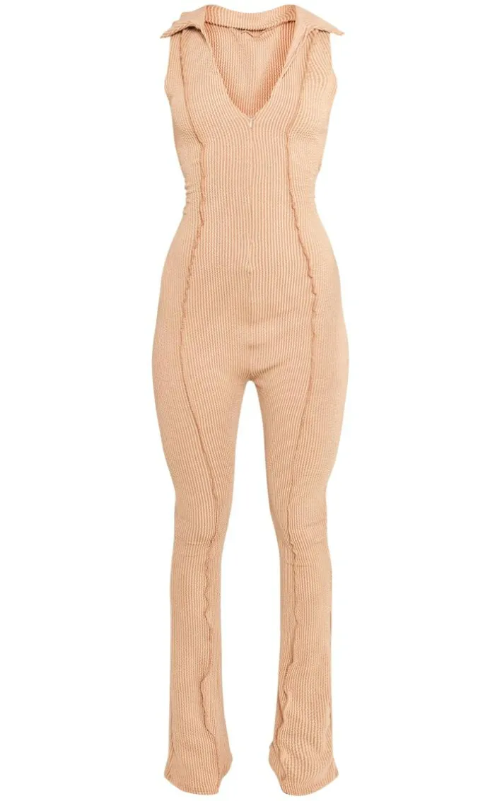 Beige Thick Rib Zip Front Collar Detail Jumpsuit
