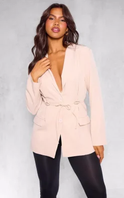 Beige Tie Front Bow Detail Blazer