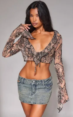 Beige Tie Front Lace Extreme Crop Top