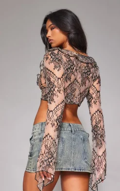 Beige Tie Front Lace Extreme Crop Top