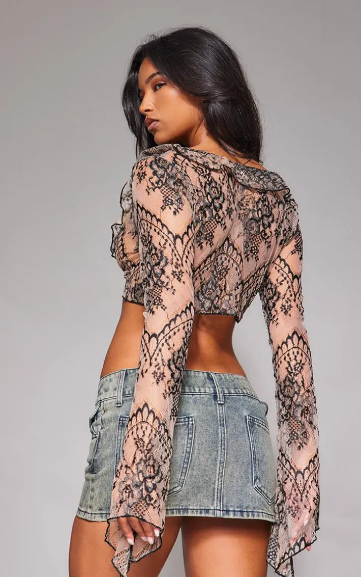 Beige Tie Front Lace Extreme Crop Top