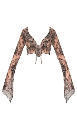 Beige Tie Front Lace Extreme Crop Top