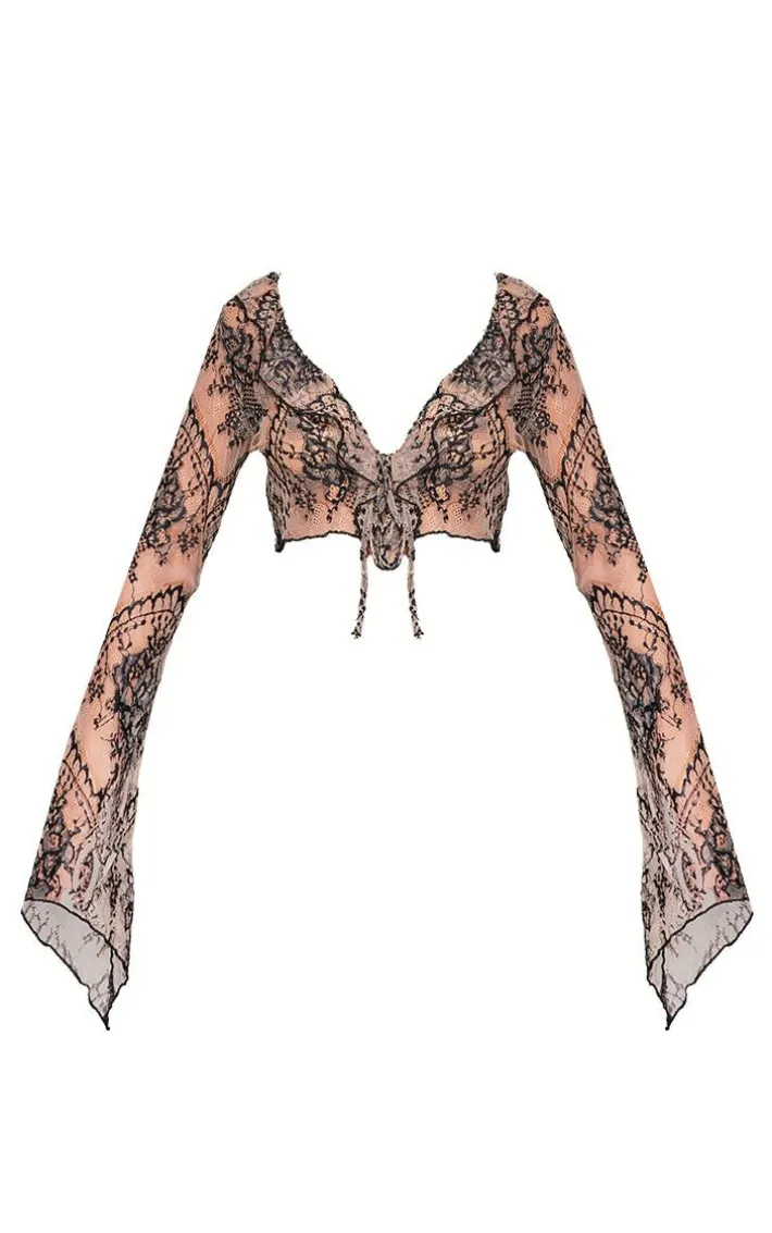 Beige Tie Front Lace Extreme Crop Top