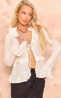 Beige Tiered Ruffle Flute Sleeve Top