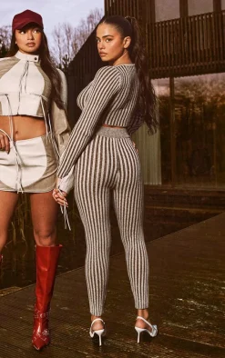 Beige Two Tone Chunky Knit Leggings