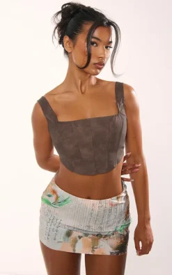 Beige Vintage Floral Printed Plisse Micro Mini Skirt