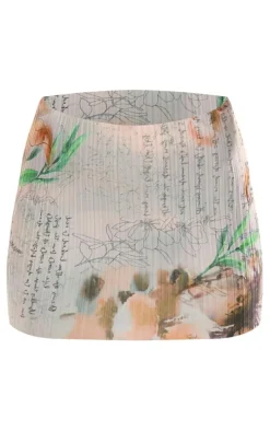 Beige Vintage Floral Printed Plisse Micro Mini Skirt