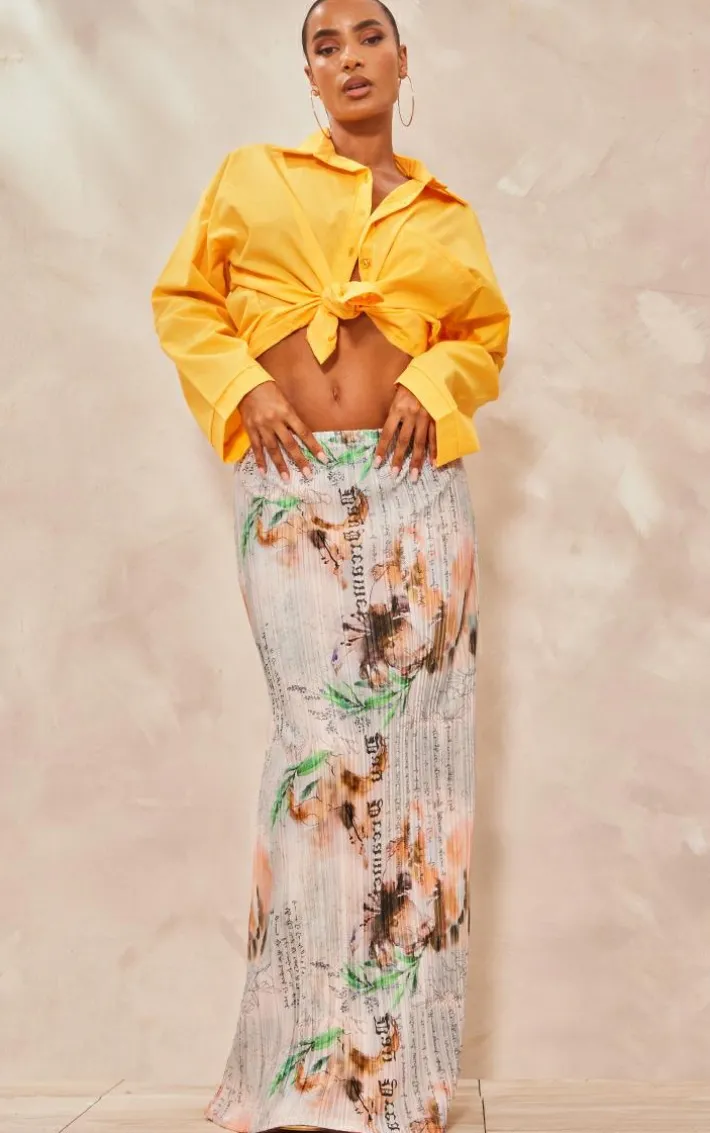Beige Vintage Floral Printed Plisse Maxi Skirt