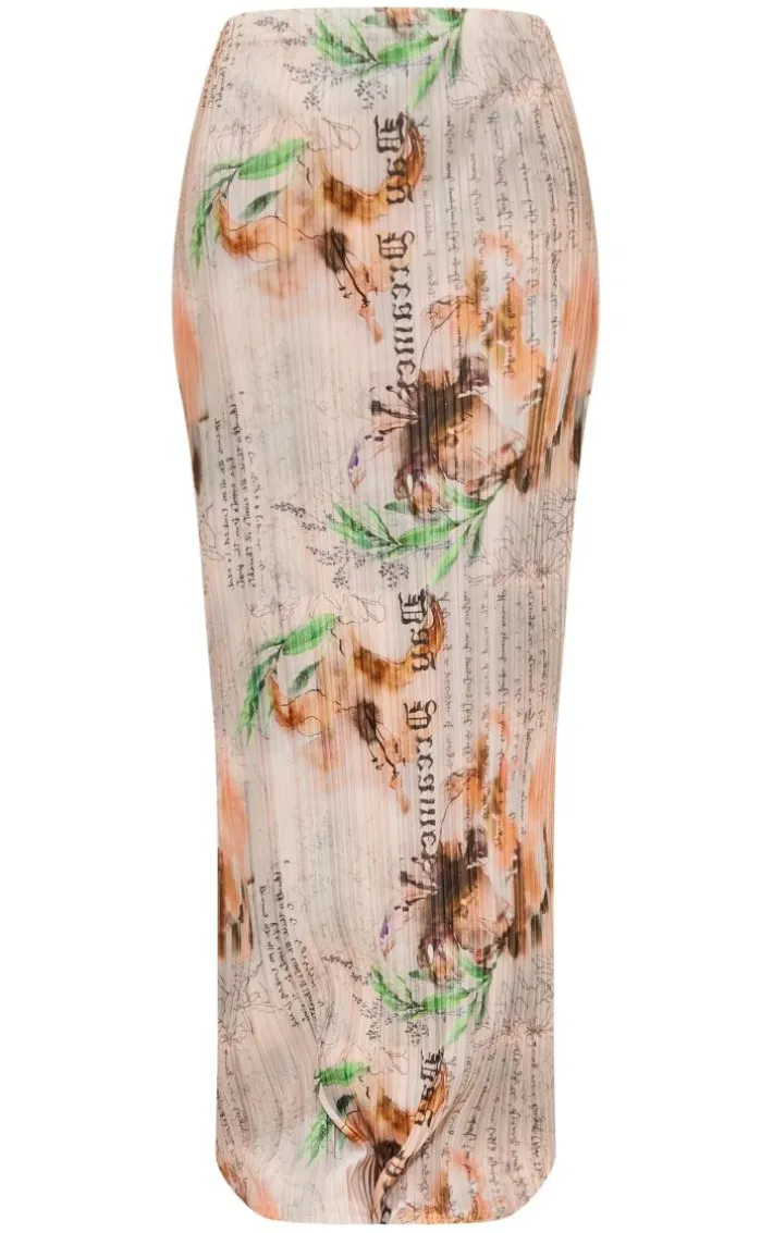 Beige Vintage Floral Printed Plisse Maxi Skirt