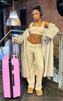 Beige Waffle Button Scoop Neck Crop Top