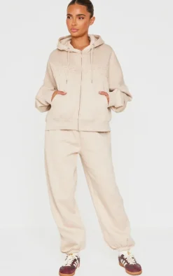 Beige Washed Weekend Applique Thin Waistband Cuffed Sweatpants