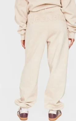 Beige Washed Weekend Applique Thin Waistband Cuffed Sweatpants