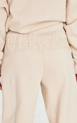 Beige Washed Weekend Applique Thin Waistband Cuffed Sweatpants