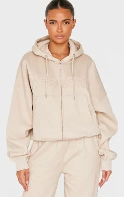 Beige Washed Weekend Applique Zip Up Hoodie