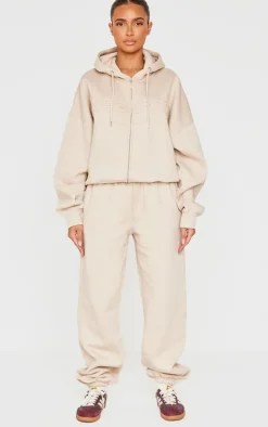 Beige Washed Weekend Applique Zip Up Hoodie