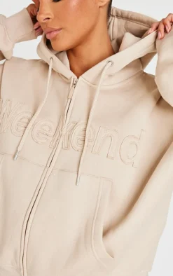 Beige Washed Weekend Applique Zip Up Hoodie