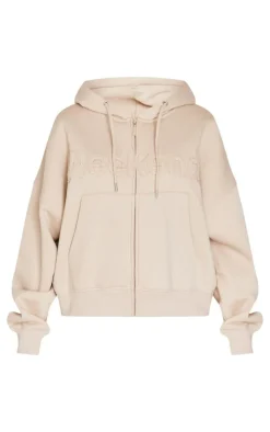 Beige Washed Weekend Applique Zip Up Hoodie