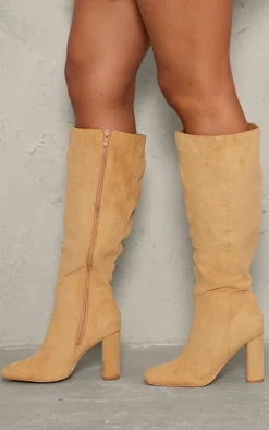 Beige Wide Fit Faux Suede Square Toe Block Heel Knee High Boots