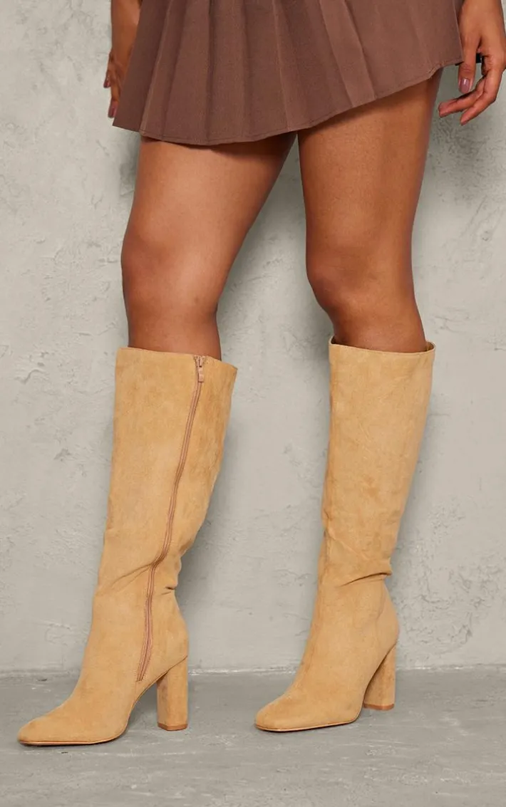 Beige Wide Fit Faux Suede Square Toe Block Heel Knee High Boots