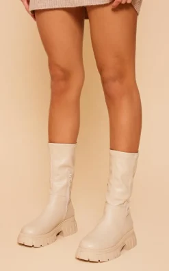 Beige Wide Fit PU Chunky Platform Calf High Boots