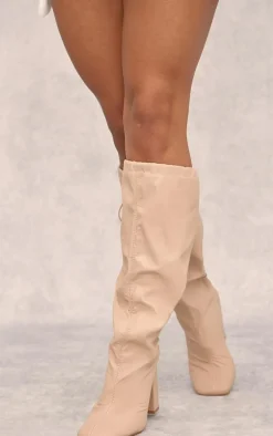 Beige Wide Fit PU Square Toe Knee High Block Heel Toggle Boots