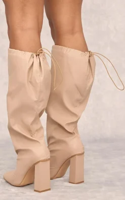 Beige Wide Fit PU Square Toe Knee High Block Heel Toggle Boots