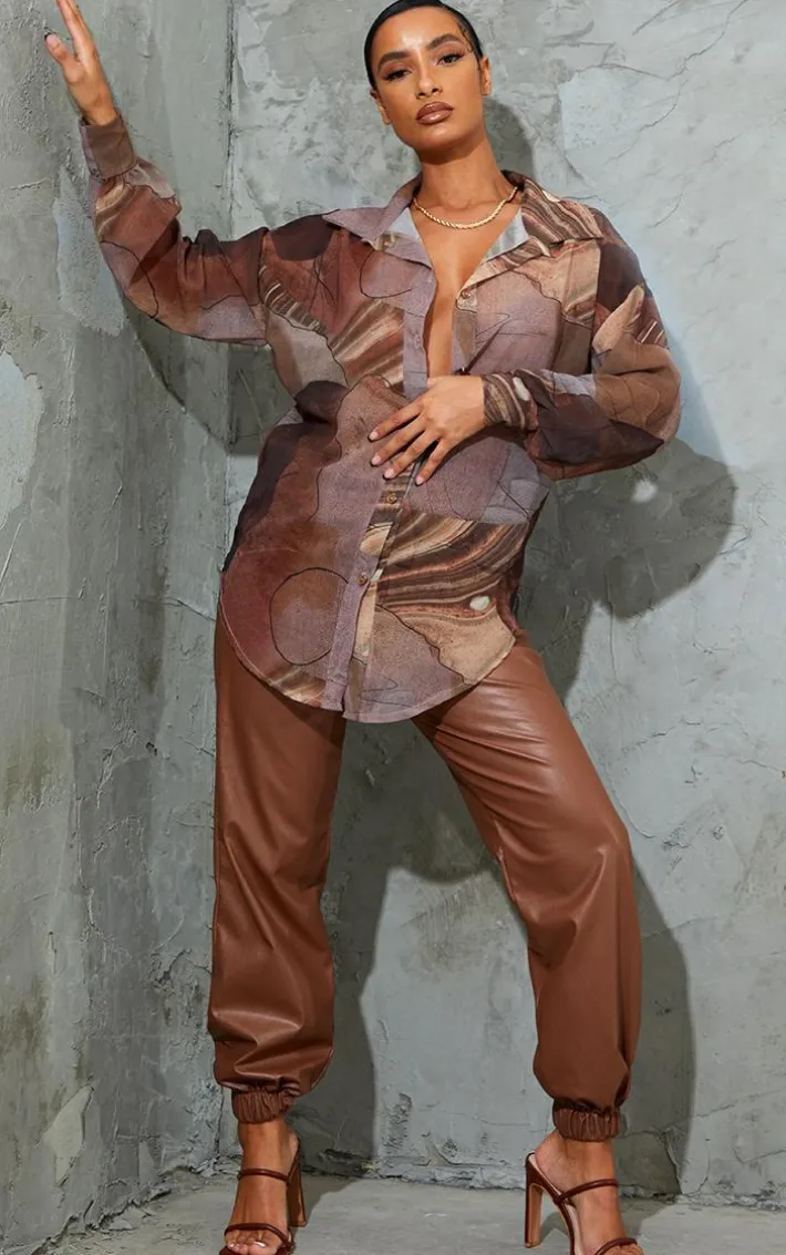 Beige Woven Abstract Print Oversized Shirt