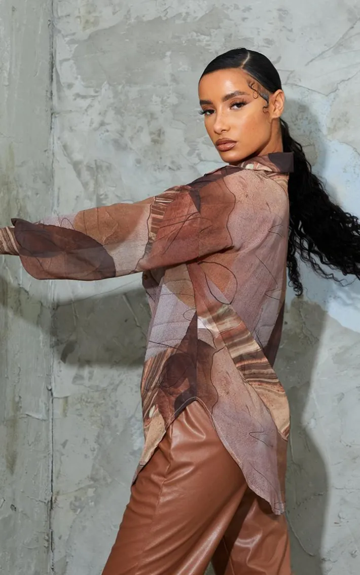 Beige Woven Abstract Print Oversized Shirt