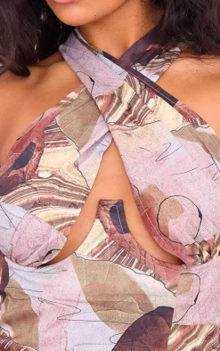 Beige Woven Abstract Print Underbust Halterneck Cross Over Zip Corset