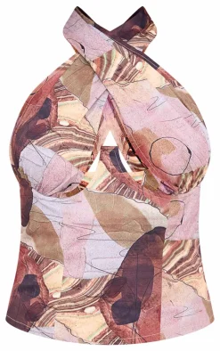 Beige Woven Abstract Print Underbust Halterneck Cross Over Zip Corset