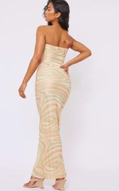 Beige Zebra Print Plisse Knot Bandeau Maxi Dress