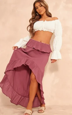 Berry Cheesecloth Shirred Waist Waterfall Hem Maxi Skirt