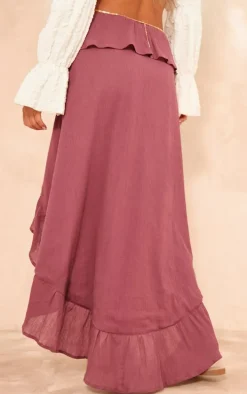 Berry Cheesecloth Shirred Waist Waterfall Hem Maxi Skirt