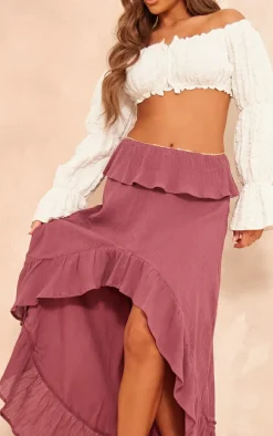 Berry Cheesecloth Shirred Waist Waterfall Hem Maxi Skirt