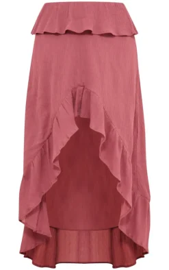 Berry Cheesecloth Shirred Waist Waterfall Hem Maxi Skirt