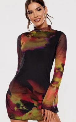 Black Abstract Print High Neck Flared Sleeve Shift Dress