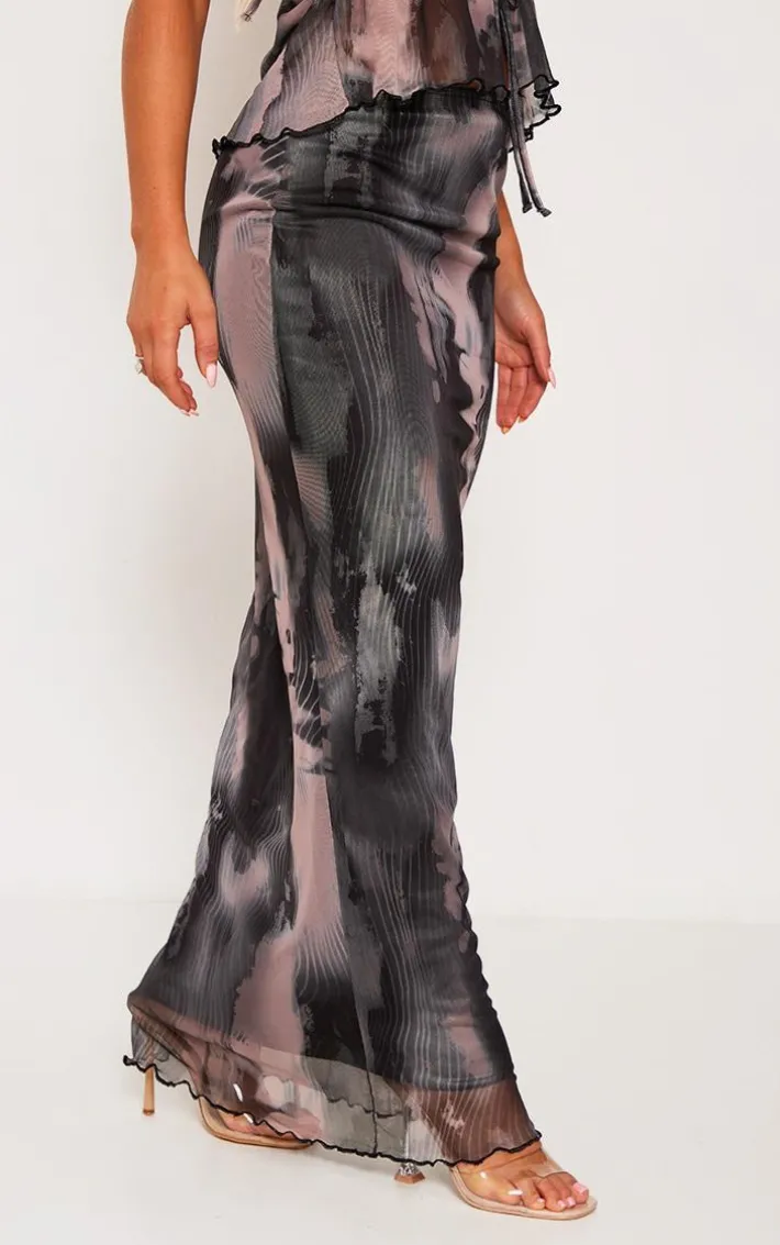 Black Abstract Print Mesh Low Rise Midaxi Skirt